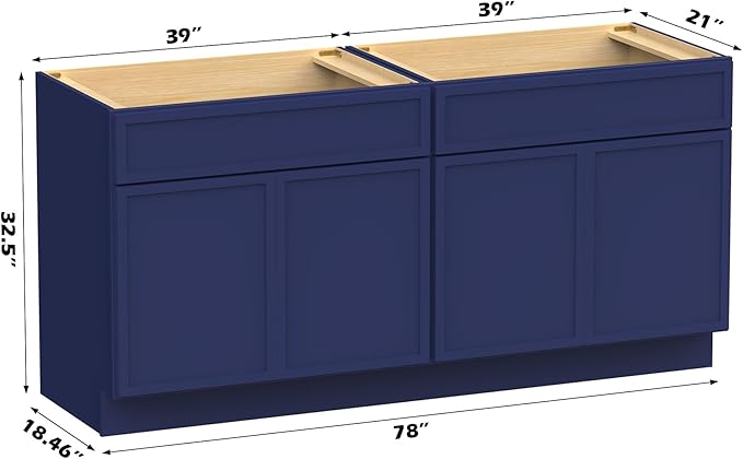 Vanity Art 78 Inch Bathroom Vanity Base Cabinet Double Sink Top (Without Sink), Soft Closing Door, Storage Unassembled Cabinet, Blue, 2ea 39 Inch Cabinet Combo