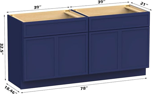 Vanity Art 78 Inch Bathroom Vanity Base Cabinet Double Sink Top (Without Sink), Soft Closing Door, Storage Unassembled Cabinet, Blue, 2ea 39 Inch Cabinet Combo