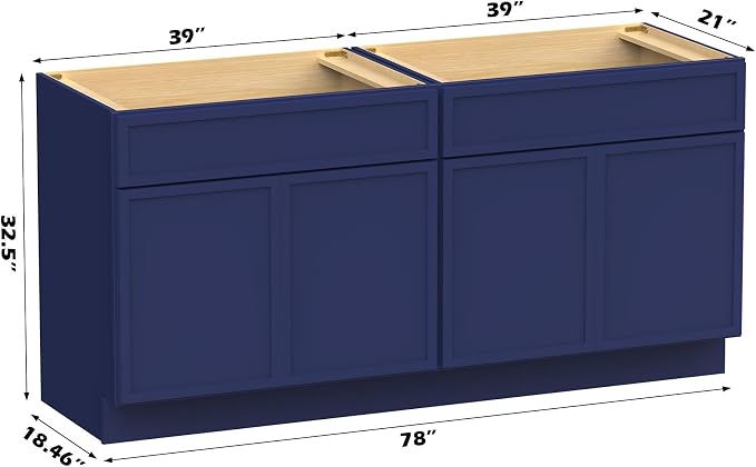 78 Inch Bathroom Vanity Base Only, Double Vanity Cabinet with Soft Closing Door, 2ea 39 inch Cabinet, Without Top,Blue