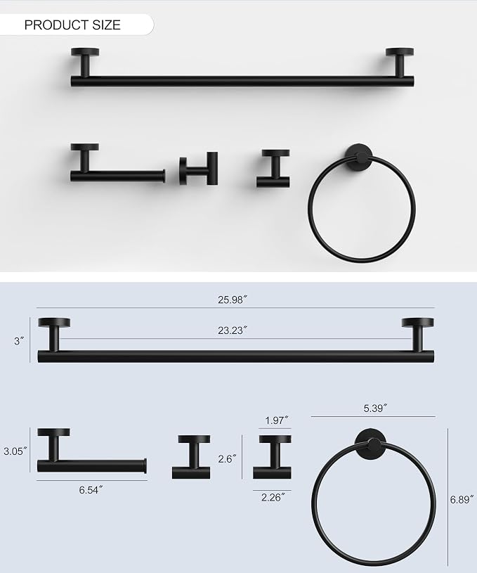 Matte Black Bathroom Hardware Accessories Set 5 Pcs SUS304 Stainless Steel | Towel Rack and Toilet Paper Holder Set 26 Inch Towel Bar Set Wall Mounted by HOMEMYSTIQUE