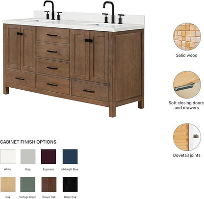 DKB Beckford 66-Inch Brown Oak Double Bathroom Vanity with Sink, 1.5-Inch Edge Carrara White Quartz Countertop & 4" Backsplash, Soft-Closing Doors & Drawers, Solid Oak Wood Construction