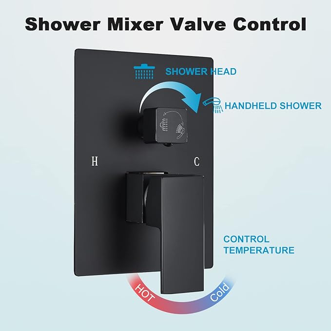 Ceiling Mount Matte Black Shower System 12 Inch Rain High Pressure Shower Head with Handheld Spray, Bathroom Shower Combo Set Rough in Valve Body and Trim Included