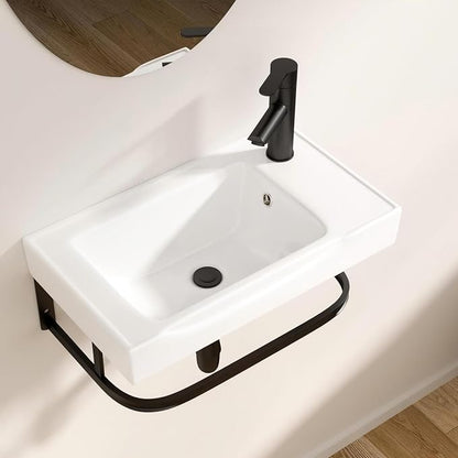 Logmey 19 Inch Wall Mount Bathroom Sink 19.69"x11.42" Rectangule Floating Sinks White Porcelain Ceramic Wall Mounted Vessel Sink Wash Hand Basin with Towel Rack