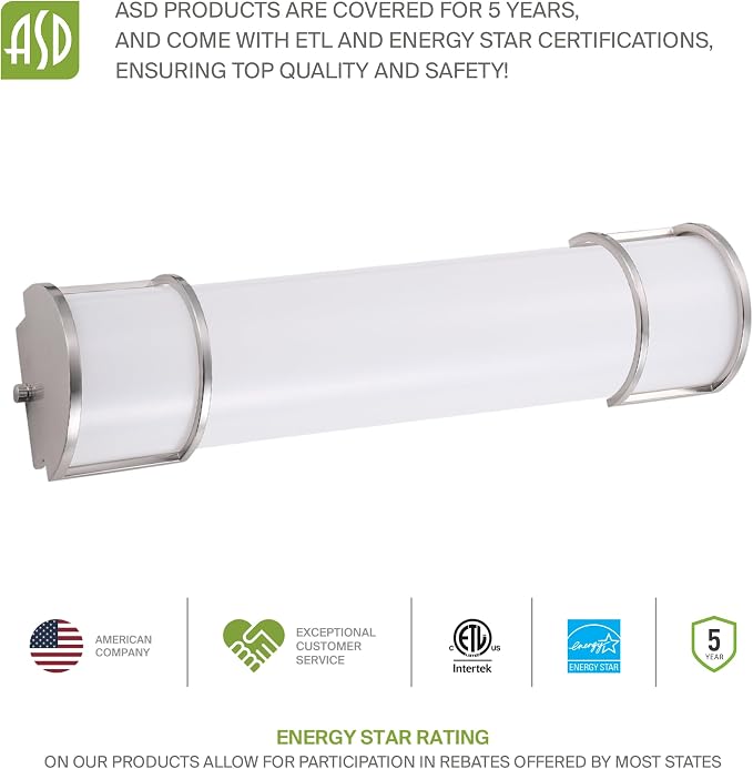 ASD LED 18 Inch Flush Mount Vanity Lighting Fixture | 20W 1650LM 3000K-5000K 120V | 3CCT, Dimmable, Energy Star, ETL Listed | Bathroom Linear Wall Light Bar, Long Tube Bath Sconce | Nickel, 4 Pack