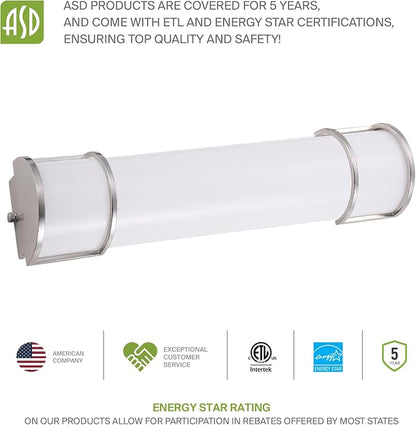 ASD LED 18 Inch Flush Mount Vanity Lighting Fixture | 20W 1650LM 3000K-5000K 120V | 3CCT, Dimmable, Energy Star, ETL Listed | Bathroom Linear Wall Light Bar, Long Tube Bath Sconce | Nickel, 4 Pack