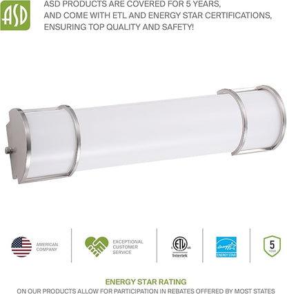 ASD LED 18" Vanity Flush Mount Light Fixture, Linear Bathroom Lighting Bar | 3CCT, Dimmable, Energy Star, ETL Listed | 20W 1650LM 3000-5000K 120V | Long Bath Wall Sconce Over Mirror | Nickel, 4 Pack