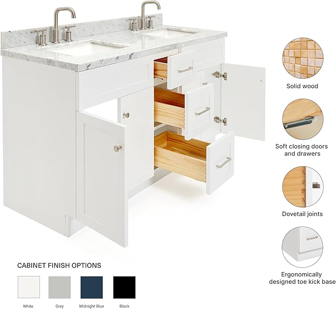 ARIEL Hamlet 60-inch Bathroom Vanity with Sink,Solid Wood, 1.5-inch Italian Carrara Marble Countertop, Double Rectangular Porcelain Sink, 4 Soft Closing Doors, 3 Dovetail Drawers, White