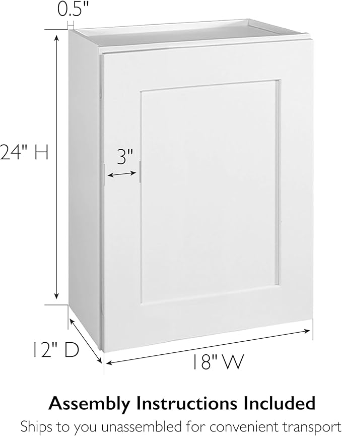 Design House Brookings Shaker Unassembled Wall Kitchen Cabinet W1824, 18 W x 12 D x 24 H, Painted White, Solid Wood, Design House, 561555