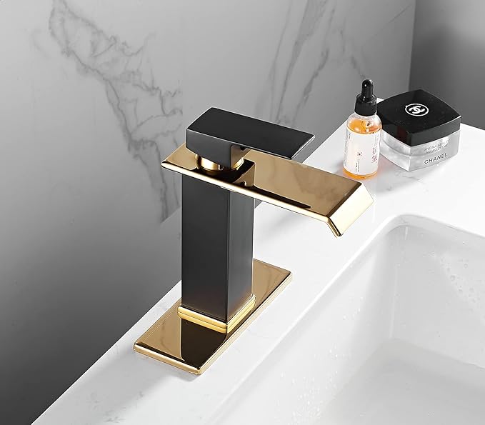 Black Bathroom Faucet Gold Waterfall One Handle 1-3 Hole Lavatory Vanity Sink Faucet with Water Supply Hose Deck Mount Commercial
