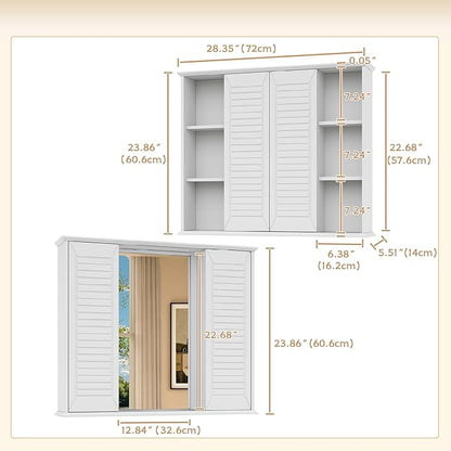 Bathroom Medicine Cabinet Mirror 28.3 x 23.8 inch Bathroom Mirror with Storage Wall Mounted Medicine Mirror Cabinet Wood Organizer with 2 Door Surface Mount Farmhouse Storage Cabinet