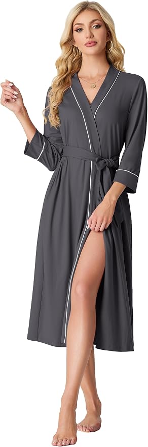PrinStory Robes for Women 3/4 Sleeve Long Bath Robe XS-4XL | V-Neck Knit Bathrobe with Pockets, Lightweight, Soft, Breathable Robes for Shower, Spa, Travel, Home, Party, Nursing