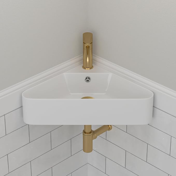 Corner Wall Mount Bathroom Sink | Beslend 21"x8" Inch White Ceramic Vessel Sink, Triangle Corner Sinks Art Basin with Overflow and Single Hole