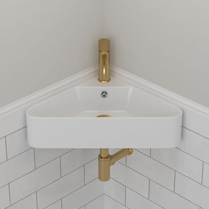 Corner Wall Mount Bathroom Sink | Beslend 21"x8" Inch White Ceramic Vessel Sink, Triangle Corner Sinks Art Basin with Overflow and Single Hole