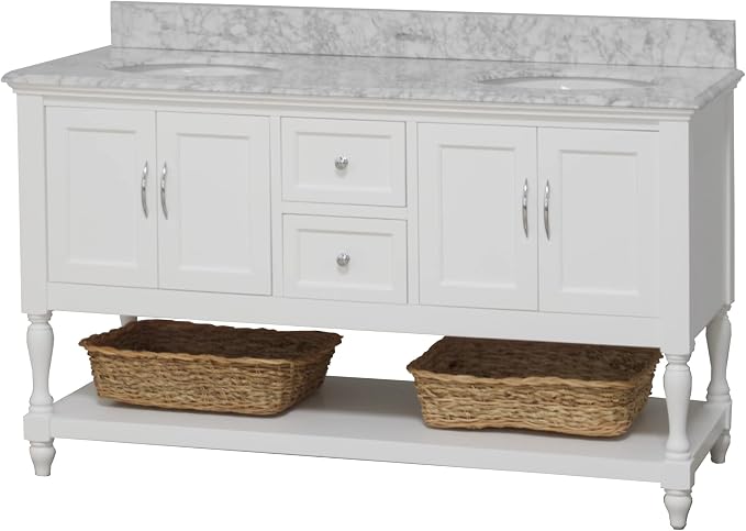 Beverly 60-inch Double Bathroom Vanity (White/Carrara): Includes White Cabinet with Authentic Italian Carrara Marble Countertop and White Ceramic Sinks