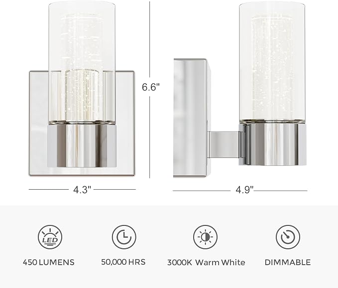 Alice Modern 1-Light Wall Sconce Light Fixture, Integrated Led and Premium Bubble Glass, for Kitchen Island, Hallway, Entryway, Passway, Dining Room, Bedroom, Balcony Living Room