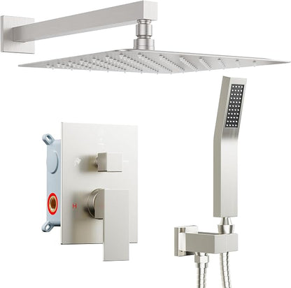 Shower System Shower Faucet Set, STARBATH 12" Wall Mount Rain Shower Head and Handheld Spray for Two Person, Rainfall Shower System with Diverter Valve and Trim Kit Complete,Brushed Nickel
