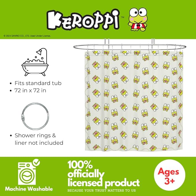 Sanrio Keroppi 13-Piece Shower Curtain Set, 72 x 72 Inch Fabric Curtain with Hooks, Bathroom Decor, Machine Washable, (100% Officially Licensed Product) by Franco Collectibles