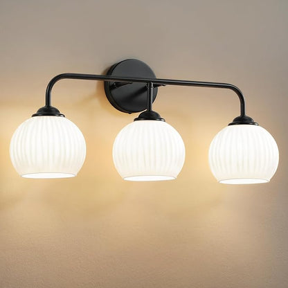 RUIYEY Bathroom Vanity Light Fixtures: 3-Light Lantern Black Vanity Lights for Bathroom Over Mirror, Farmhouse Wall Sconce Lighting with Frosted Milky Glass for Kitchen (Exclude Bulb)