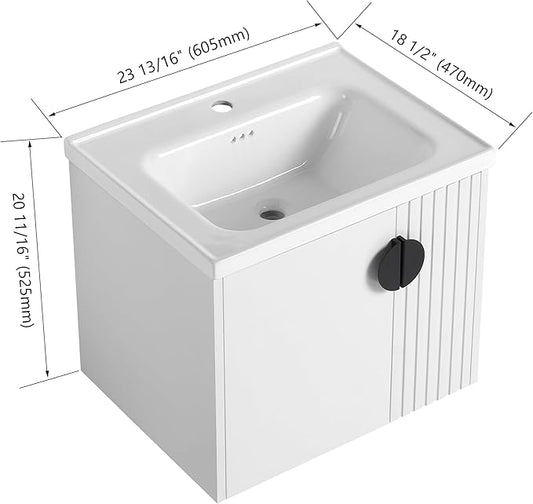 SSLine 24" Wall-Mount Bathroom Vanity Modern Floating Bathroom Vanity Set with Ceramic Sink Basin & Storage Cabinet 24-Inch Luxury White Small Bathroom Vanities with Round Metal Handles