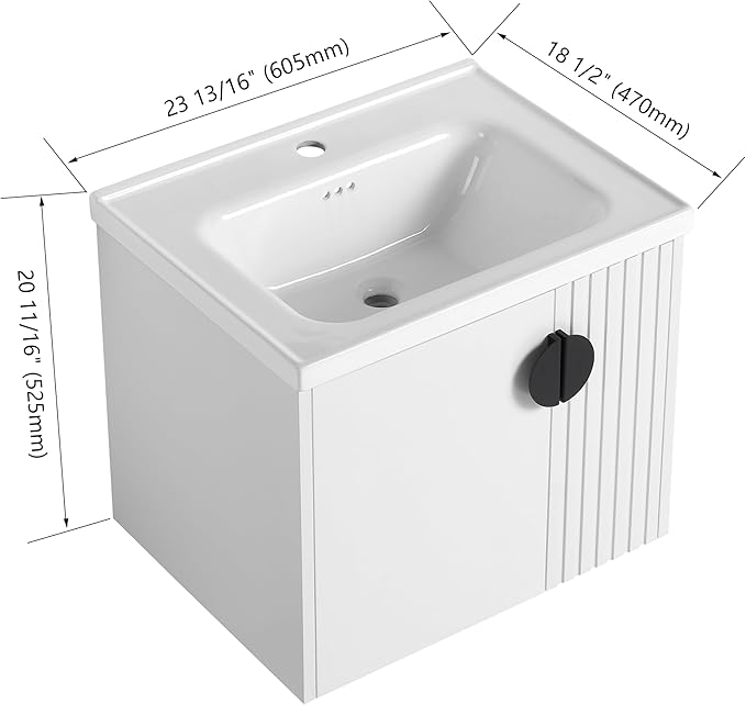 Malwee 24" Floating Bathroom Vanity with Sink, 24 Inch Single Sink Wall Mounted Bathroom Vanity, with 2 Doors and White Ceramic Basin Top, White Cabinet Set with 3 Color Handles(081-24)