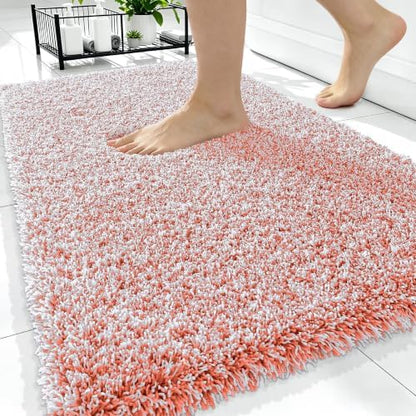 OLANLY Microfiber Bathroom Rugs 34x21, Quick Dry Bath Mat, Coral and White
