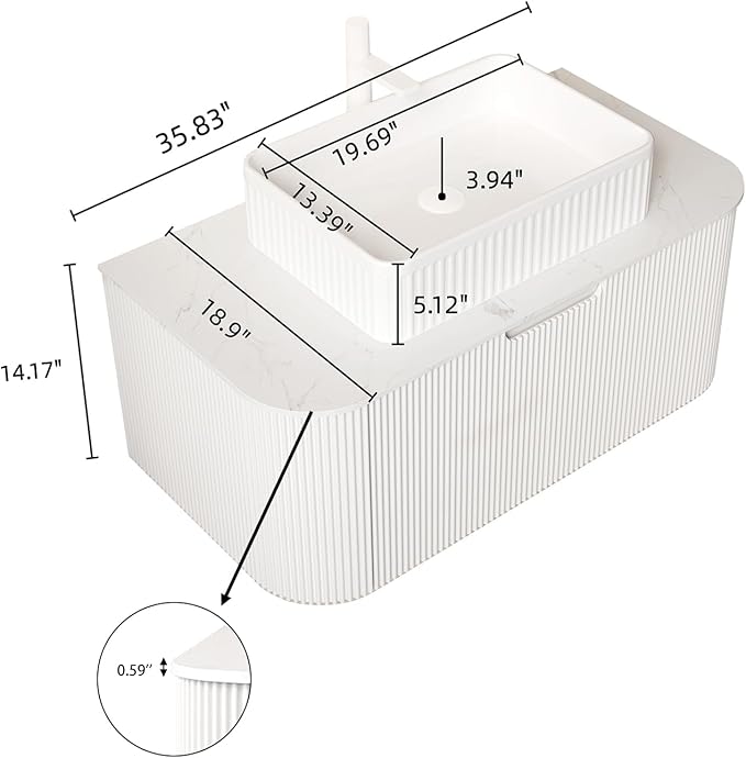 Yayzy 36" Floating Bathroom Vanity with Sink, Solid Wood Fluted Cabinet, White Fluted Square Ceramic Basin & Faux Marble Top, Soft-Close Drawer, Pre-Assembled, White