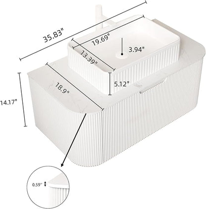 Yayzy 36" Floating Bathroom Vanity with Sink, Solid Wood Fluted Cabinet, White Fluted Square Ceramic Basin & Faux Marble Top, Soft-Close Drawer, Pre-Assembled, White