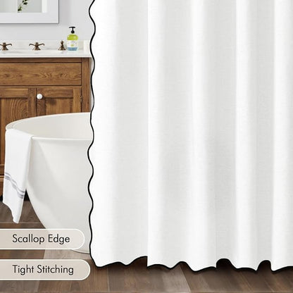MIULEE White Extra Long Scalloped Linen Shower Curtain 72x80 Inches | Linen Textured, Waterproof, Washable, 12 Metal Hooks, Heavy Duty Cloth, Black Border, Shower Curtain for Bathroom Bathtub