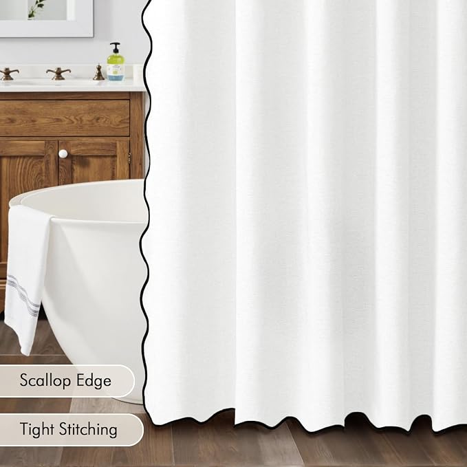 MIULEE 72"x90" Extra Long Scalloped Polyester Shower Curtain White | Linen Textured, Waterproof, Washable, 12 Metal Hooks, Heavy Duty Cloth, Black Border, Shower Curtain for Bathroom Bathtub