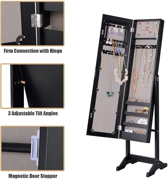 HOMGX Wood Standing Jewelry Cabinet, Jewelry Armoire with Mirror, Jewelry Organizer Storage (Black)