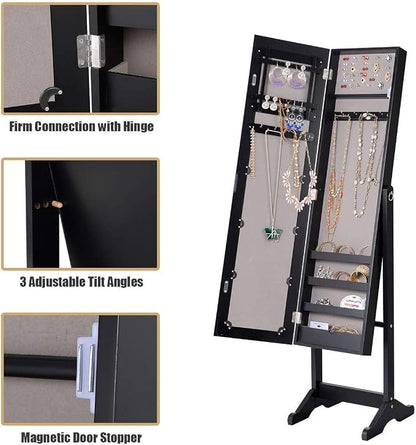 HOMGX Wood Standing Jewelry Cabinet, Jewelry Armoire with Mirror, Jewelry Organizer Storage (Black)