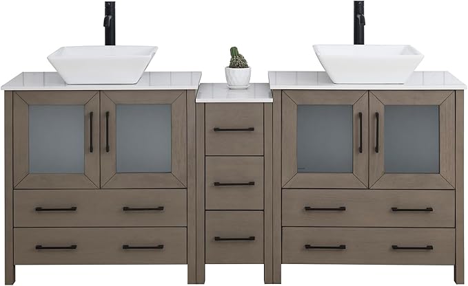Vanity Art 72 Inch Vessel Double Sink Bathroom Vanity Cabinet with 2 Mirrors, Engineered Marble Top Bathroom Cabinet Compact Set with 7 Dovetail Drawers and Soft Closing Doors, VA3130-72DG