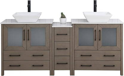 Vanity Art 72 Inch Vessel Double Sink Bathroom Vanity Cabinet with 2 Mirrors, Engineered Marble Top Bathroom Cabinet Compact Set with 7 Dovetail Drawers and Soft Closing Doors, VA3130-72DG