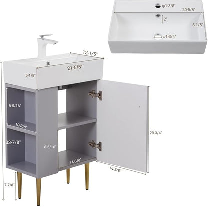 21.6" Freestanding Bathroom Vanity with Ceramic Sink, Matte Gray | Ceramic Sink, Wave-Pattern Door & Two-Layer Left Open Compartment, Bathroom Storage Cabinet, Easy Installation