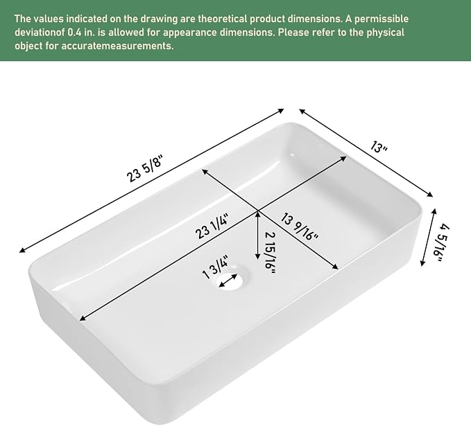 24 Inch White Rectangle Vessel Bathroom Sink | Ceramic, Above Counter, Rectangular Shape, Easy to Clean, Recommended Installation, Ideal for Bathroom, Lavatory, Vanity