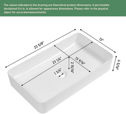 24 Inch White Rectangle Vessel Bathroom Sink | Ceramic, Above Counter, Rectangular Shape, Easy to Clean, Recommended Installation, Ideal for Bathroom, Lavatory, Vanity