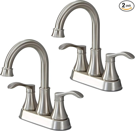 Brushed Nickel Bathroom Sink Faucets, 360° Swivel High-Arc Spout 2-Handle 4 Inch Centerset Lavatory Vanity Faucets Set for Bathroom Sink with Drain & Water Hoses, 2 Pack, VLSZST050L-2