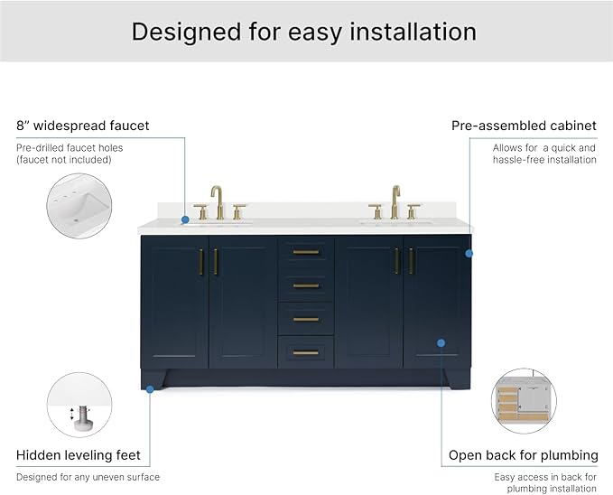 ARIEL Taylor 72-inch Bathroom Vanity with Sink,Solid Wood, 1.5-inch Pure White Quartz Countertop, Double Rectangular Porcelain Sink, 4 Soft Closing Doors, 6 Dovetail Drawers, Midnight Blue