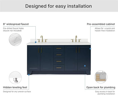 ARIEL Taylor 72-inch Bathroom Vanity with Sink,Solid Wood, 1.5-inch Pure White Quartz Countertop, Double Rectangular Porcelain Sink, 4 Soft Closing Doors, 6 Dovetail Drawers, Midnight Blue