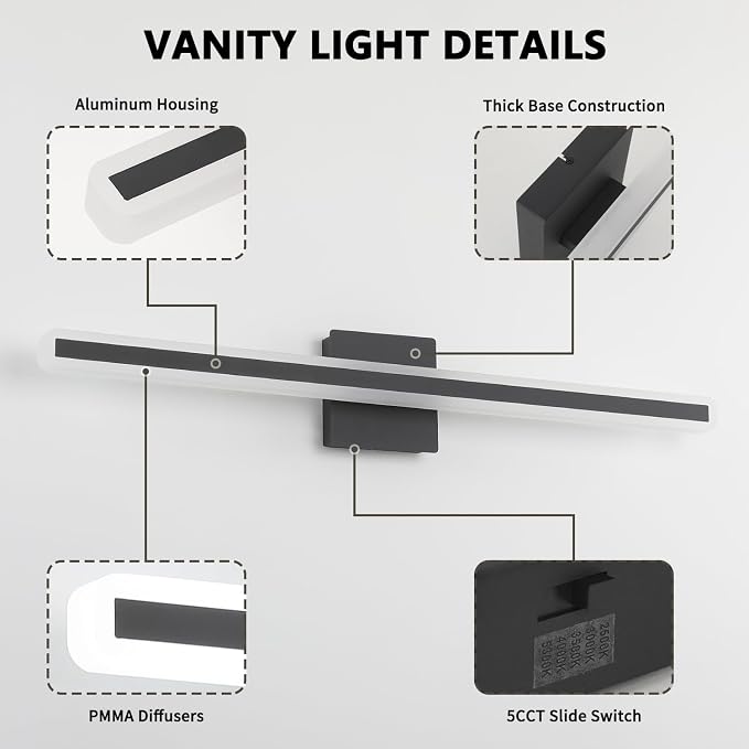 JUSHENG Black Vanity Lights for Bathroom, 5CCT Dimmable Bathroom Lights Over Mirror, Modern LED Vanity Light Fixtures Over Mirror 32'' Inch 24W