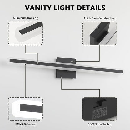 JUSHENG Black Vanity Lights for Bathroom, 5CCT Dimmable Bathroom Lights Over Mirror, Modern LED Vanity Light Fixtures Over Mirror 32'' Inch 24W