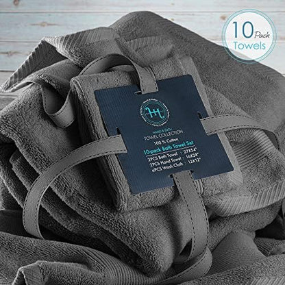 Hearth & Harbor Bath Towels for Bathroom - 100% Ring Spun Cotton Luxury Bathroom Towels - Ultra Soft & Highly Absorbent, Bath Towels Set of 10 - Dark Gray