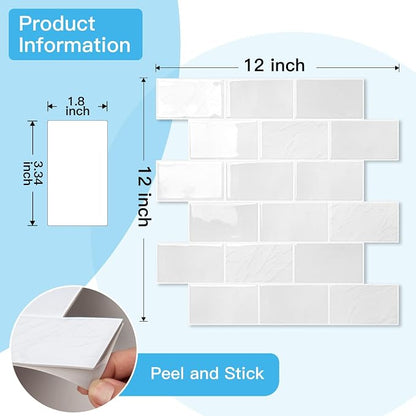 Art3d 10-Pack Subway Peel and Stick Backsplash, White Marble, 12 x 12 Inch | Thickened Design, No Warping, Durable, Self-Adhesive, Sturdy, for Kitchen, Bedroom, Ideal for New Home Buyers, Future Movers