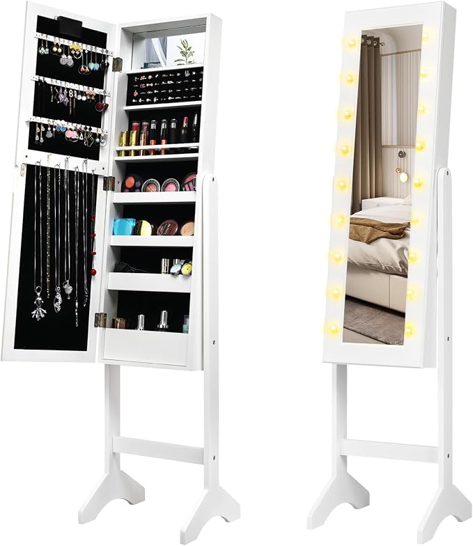 LOKO Jewelry Armoire with 18 LED Lights, Freestanding Jewelry Organizer with Full-length Mirror, Large Storage Mirrored Jewelry Cabinet with 16 Lipstick Holders, for Bedroom, Dressing Room (White)