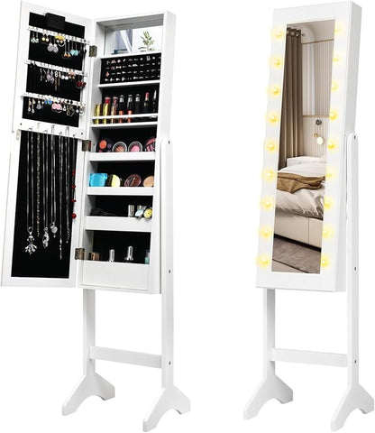 LOKO Jewelry Armoire with 18 LED Lights, Freestanding Jewelry Organizer with Full-length Mirror, Large Storage Mirrored Jewelry Cabinet with 16 Lipstick Holders, for Bedroom, Dressing Room (White)