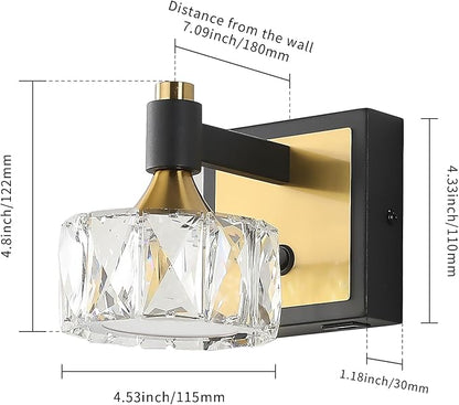 1-Light Wall Sconce, LED Wall-Mounted Light with USB Charging Port, Modern Vanity Light in Black Gold with Crystal Shade for Bathroom, Bedroom, Living Room & Hallway