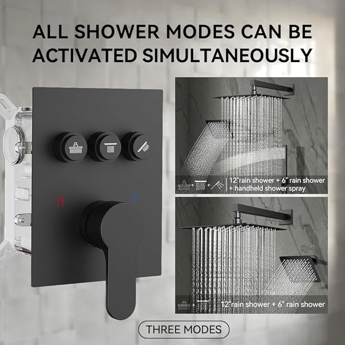 Shower Faucet Set Matte Black Shower System,STARBATH Push Button Diverter Shower Set with 2 in 1 Handheld,Can Use All at Once, 12 Inch Rainfall Shower and 6 Inch Wall Mount Shower Head
