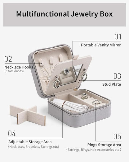 VLANDO Travel Jewelry Case with Mirror, Storage 3 Pairs of Stud Earrings | Necklace Hook for Anti-tangle, Removable Dividers, Waterproof PU Leather,Portable Storage for Rings, Necklace Gifts for Women