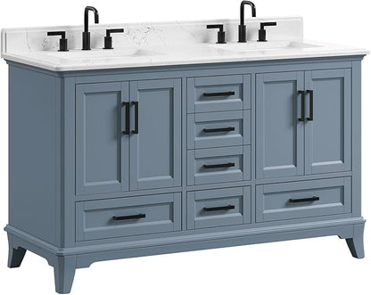 60 Inch Bathroom Vanity Double Sink, Fully Assembled Solid Wood Frame Double Sink Bathroom Vanity with Soft Closing Doors & Full Extension Dovetail Drawers, Quartz Top, Steel Blue