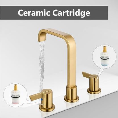 Brushed Gold Bathroom Faucet 3 Hole 8 Inch Widespread Waterfall | 2-Handle Vanity Faucet, Pop-Up Drain, Supply Lines, Adjustable 4- to 16-Inch Widespread Fit, 360° Swivel Spout